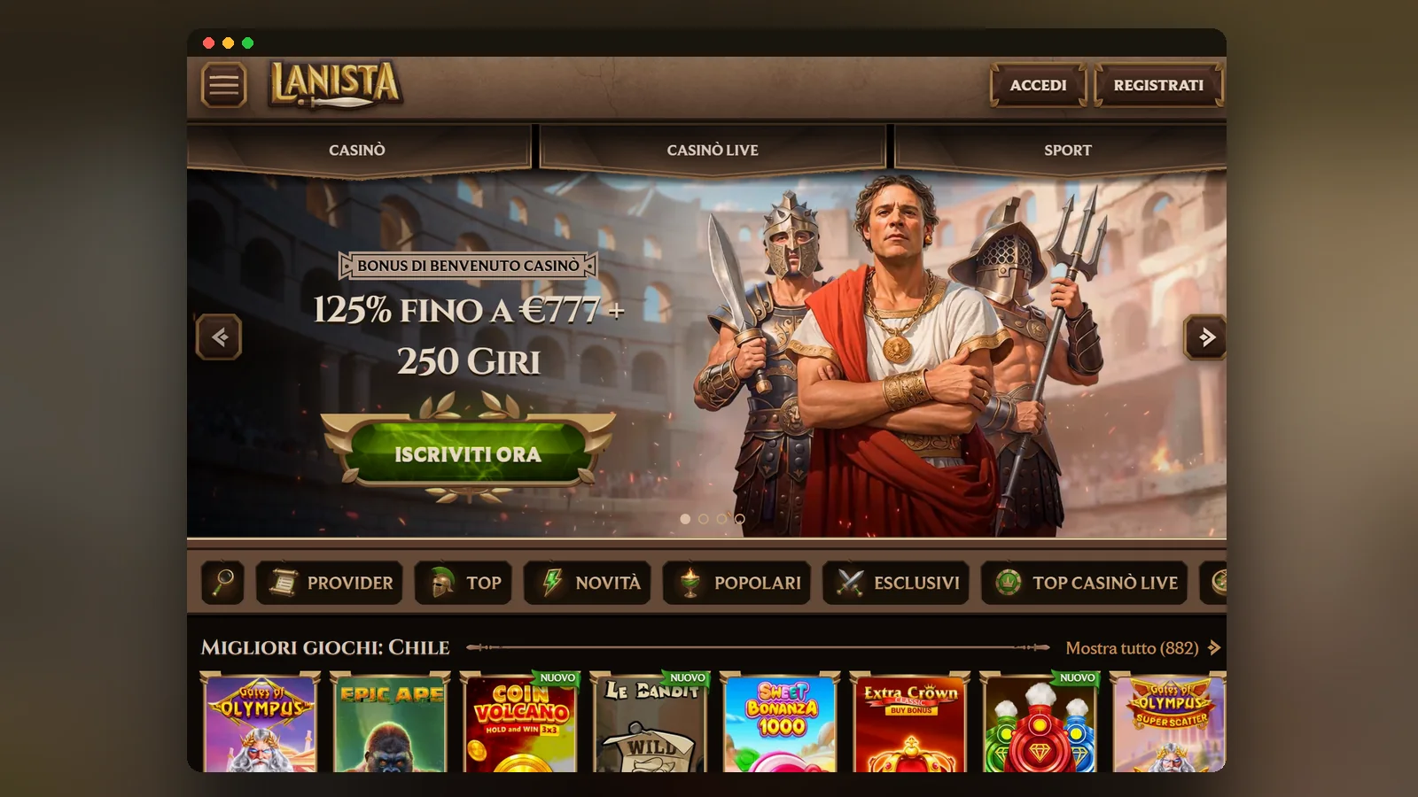 La home di Lanista in layout mobile, con il banner del bonus e le scorciatoie alle categorie