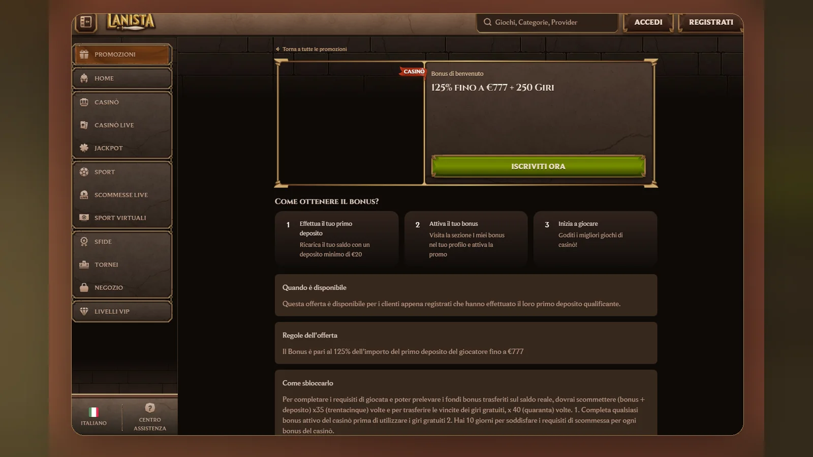 La pagina Promozioni di Lanista con l'offerta di benvenuto del casinò